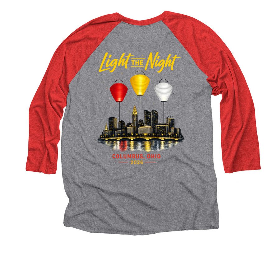 The James Warriors, a Red and Premium Heather 3/4 Sleeve Baseball Tee (back-view)