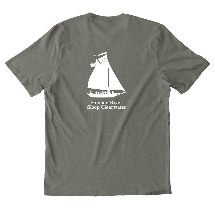 Estuary Rising, a Driftwood Grey Allmade Organic Cotton Mineral Dye Tee (back-view)