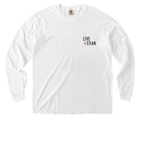 Live4Evan Heart Warrior Shirts, a White Comfort Colors Long Sleeve Pocket Tee