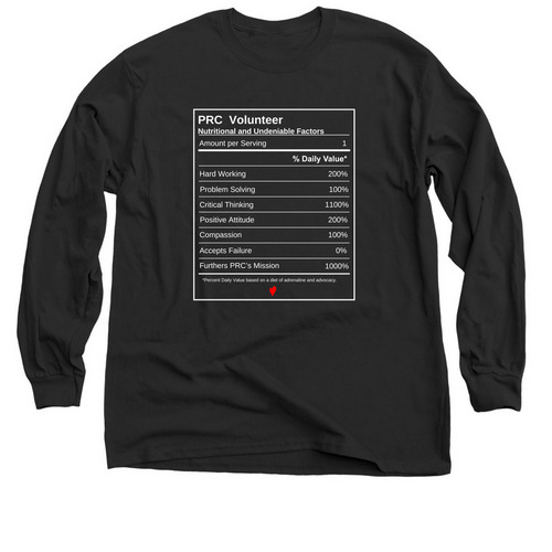 PRC Volunteer Nutrition Label, a Black Classic Long Sleeve Tee