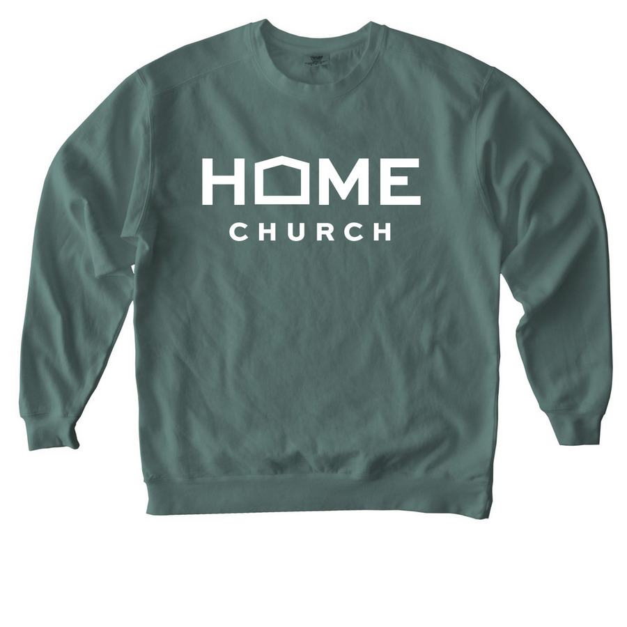 Home Church Merch (White), a Blue Spruce Comfort Colors Crewneck Sweatshirt